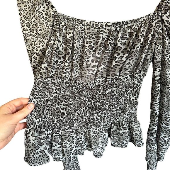 NWT HYFVE Leopard Print Puff Sleeve Smocked Ruffle Peplum Hem Blouse - Picture 9 of 12